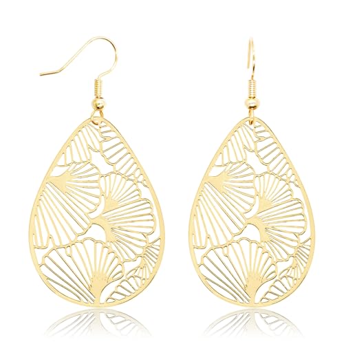 Teardrop Earrings for Women, 14K Plated Dangle Earrings Handmade Filigree Teardrop Dangling Earrings Ginkgo Hypoallergenic 925 Sterling Leaf Earrings for women - color: Maple Leaf Gold