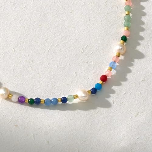 KissYan Beaded Choker Necklace for Women, Colorful Natural Gemstones Pearl Choker 14K Gold Plated Pendant Healing Crystal Necklace Handmade Stone Jewelry Gift - color: A-Rainbow