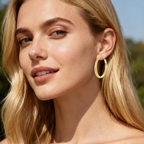 14K Gold Texture Earrings, 37/42mm Gold Hoop Earrings Classic Round Hoop Earring for Women Gold Jewelry Gift for Women - style: Texture Earrings-42mm