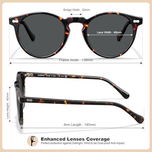 CARFIA Polarized Sunglasses for Women: Acetate Frame, Small/Medium Size, UV400 Protection - Anti Glare CA5288 - color: 7. Tortoise Frame Grey Lens
