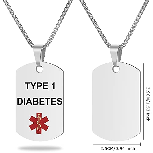 Medical Alert ID Necklace, Laser Engraved TYPE 1 DIABETES, Stainless Steel Tag Pendant with 23.6 inch Chain for Men Women Diabetic Emergency First Aid - color: Silver, size: TYPE 1 DIABETES