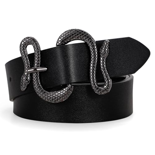 Women Leather Belt with Snake Buckle Fashion Women Belt for Jeans Pants Dresses - color: B-black, size: Fit Size 41"-45"