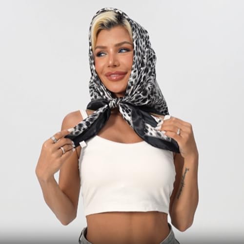 Leopard Print Head Scarf for Women Like Silk Satin Scarf for Hair Wrapping at Night Bandana Square Scarf 35 Inches - color: Blak White Leopard