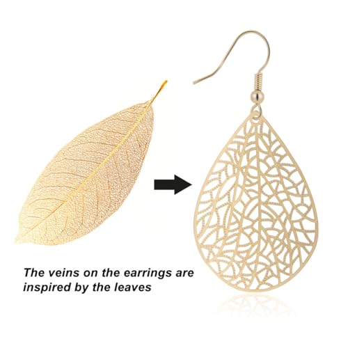 Teardrop Earrings for Women, 14K Plated Dangle Earrings Handmade Filigree Teardrop Dangling Earrings Ginkgo Hypoallergenic 925 Sterling Leaf Earrings for women - color: Gold