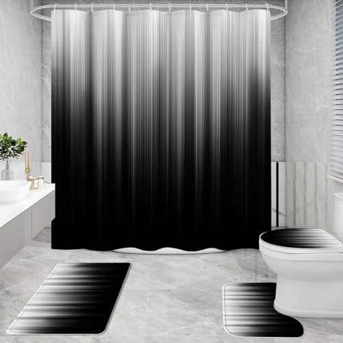 Litabel 4 Pcs Grey and Black Gradient Shower Curtain Set with Rugs and Toilet Lid Cover, Modern Simple Waterproof Fabric Bathroom Set, Ombre Stripe Gothic Abstract Bathroom Decor Set Accessories - color: Grey