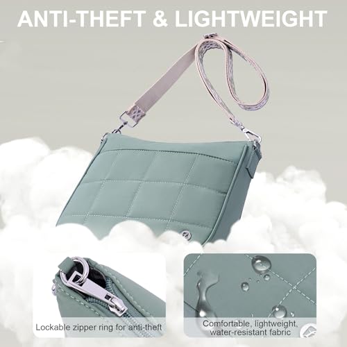 Anti Theft Crossbody Bags for Women,Quilted Puffer Travel Purses Shoulder Hobo Bag Handbag with Guitar Strap - color: Green