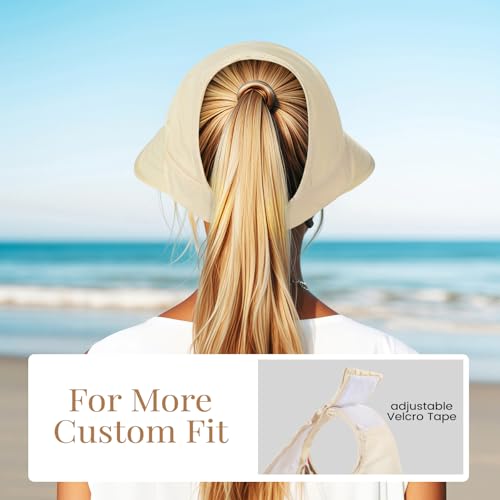 Sun Hats for Women, Wide Brim Beach Hats UV Protection, Packable Visor Ponytail Sunhat for Summer - color: Beige