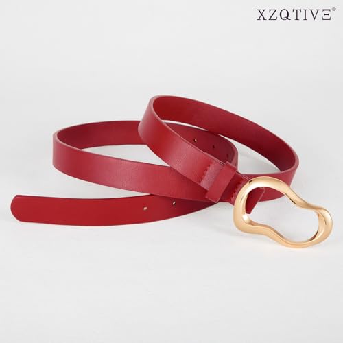 XZQTIVE Leather Belts for Women Casual Fashion Waist Belt for Jeans Pants Dresses with Unique Liquid Shapes Gold Buckle - color: Red, size: Fit Waist 44-51in
