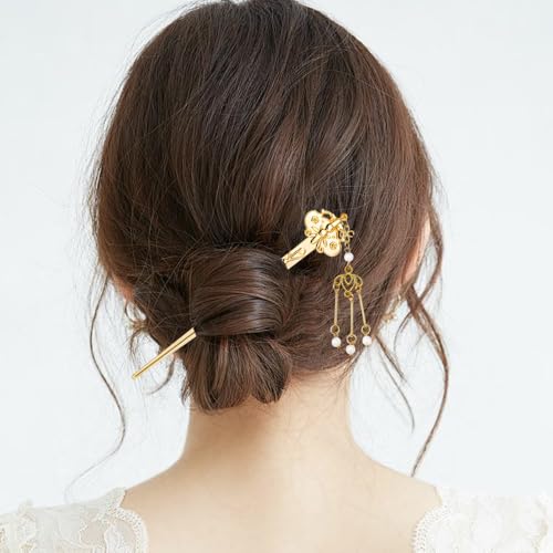 10PCS Gold Decorative Vintage Retro Pearl Gold Metal Hair Sticks Pins with Pendants Chinese Hanfu Asian Flower Butterfly Hair Chopsticks Hair Bun Updo Holders Long Thick Hair Accessories for Women