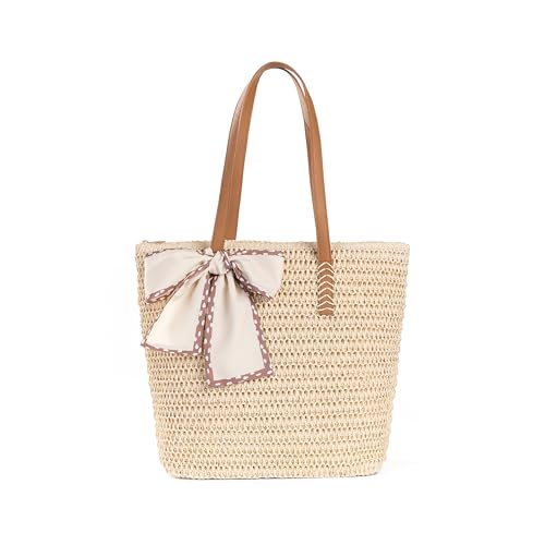 Large Straw Beach Bag: Women's Handwoven Tote with Zipper Pocket - Lightweight Summer Purse for Travel & Work - color: Beige