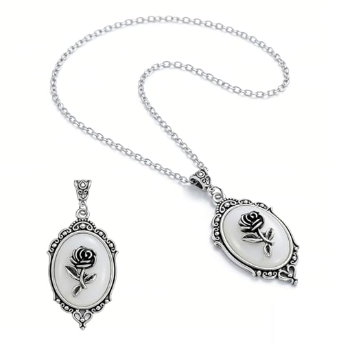 Gothic Vintage Gem Pendant Necklace | Victorian Style Filigree Silver-Tone Jewelry | Ideal Gift for Party Cosplay & Daily Wear - color: White Rose