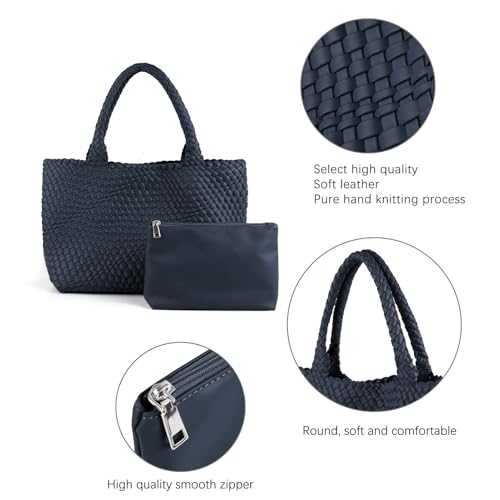 Handmade Woven Bag Satchel Handbag For Women Vegan Leather Tote Bag With Purses Travel Shoulder Bag Underarm Bag - color: Navy Blue