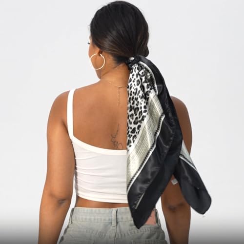 Leopard Print Head Scarf for Women Like Silk Satin Scarf for Hair Wrapping at Night Bandana Square Scarf 35 Inches - color: Black Gray Leopard