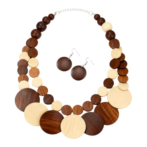 Chunky Wood Beaded Necklace Earrings Set African Tribal Collar Choker Necklace Geometric Ethnic Statement Jewelry - color: brown