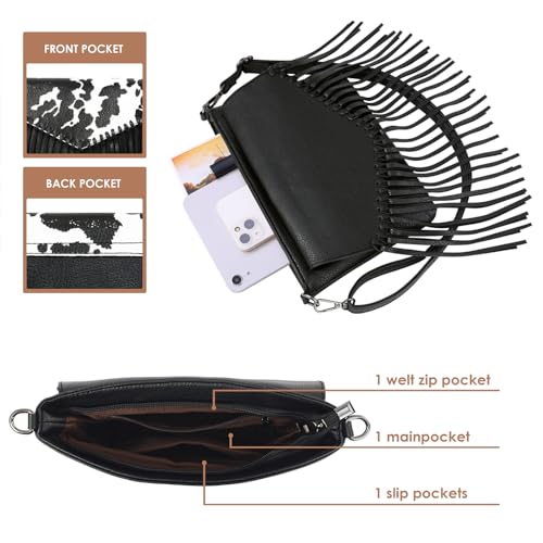 HDE Women's PU Leather Hobo Fringe Crossbody Tassel Purse Vintage Small Flap Envelope Handbag Western Sling Shoulder Bag - color: Black Cow Print