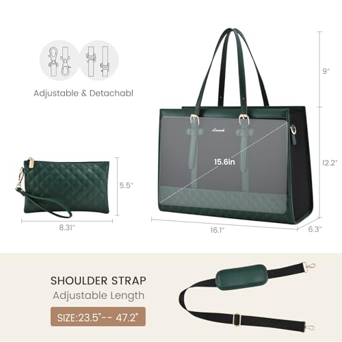 LOVEVOOK Laptop Bag for Women 15.6 inch Canvas Laptop Tote Bag, Large Capacity Work Bags with Clutch Purse, Computer Bags Office Business Briefcase, Casual Handbag for Travel College Teacher - color: Green & Black, size: 15.6 inch