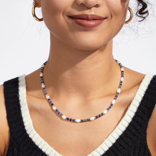 KissYan Beaded Choker Necklace for Women, Colorful Natural Gemstones Pearl Choker 14K Gold Plated Pendant Healing Crystal Necklace Handmade Stone Jewelry Gift - color: Q-Lapis lazuli