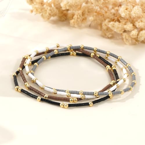 Dainty Gold Colorful Beaded Bracelets Stack for Women,4PCS Cute Bohemian Colorful Small Beads Stackable Stretch Bracelet Set Trendy Holiday Party Accessories Jewelry Gift Friendship - color: Black Grey