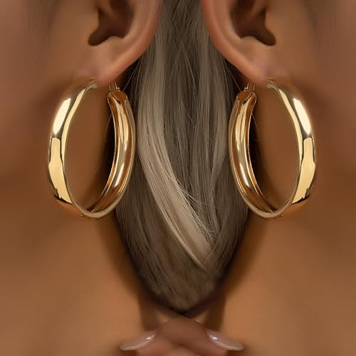 Chunky Gold Silver Hoop Earrings for Women Wide Flat Huggie Hoops Dangle Earrings Big Large Punk Smooth Surface Statement Earrings Fashion Jewelry - color: A Gold