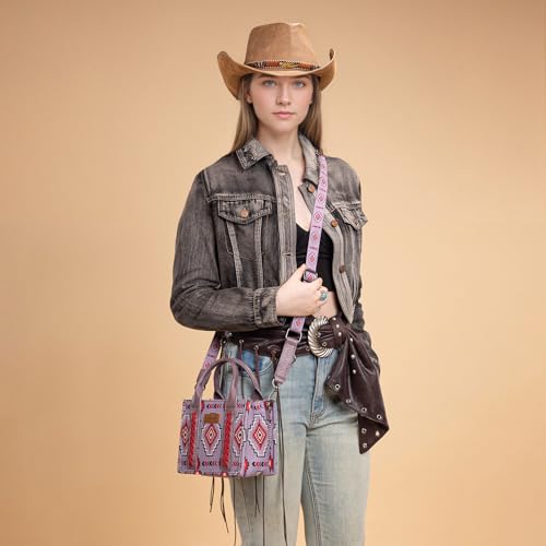 Wrangler Mini Aztec Tote Bag for Women Boho Small Top Handle Purse with Adjustable Strap - color: Boho Purple