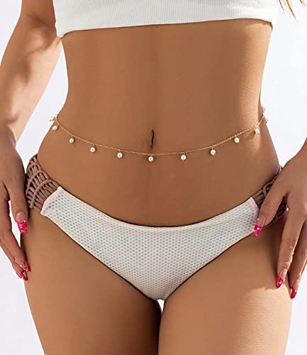 Honsny 2PCS 25-43Inch 18K Gold Plated Waist Chain Minimalist Pearl Belly Body Chain Gold Layered Sexy Bikini Body Chains Waist Jewelry for Women - color: B:papaerclip & Pearl, size: S(25-31INCH)