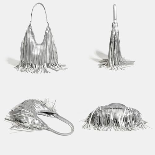 Fringe Hobo Shoulder Bag Vegan Leather Layered Tassel Women Purse Bags | layered tassel - color: Silver