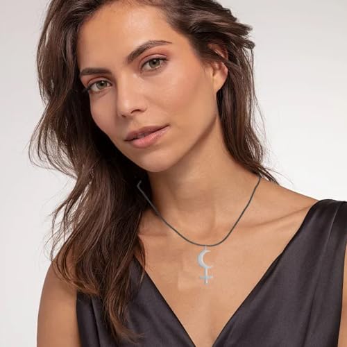 EUEAVAN Black Moon Lilith Goddess Symbol Necklace for Women Gothic Lilith Goddess Seal Astrology Crescent Moon Cross Pendant Pagan Jewelry Wiccan Gifts Lucifer's Symbol Men - color: lilith silver