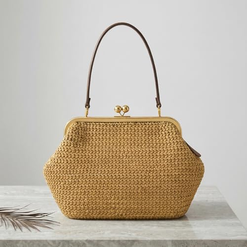 Kiss Lock Woven Bag, Large Capacity Straw Rainbow Handbags for Vacation Travel Shopping, Summer Straw Shoulder Bags - color: [Style 3]