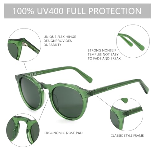 ZENOTTIC Vintage Round Polarized Sunglasses for Men Women UV400 Protection - color: C11 Crystal Green Frame Green Lens