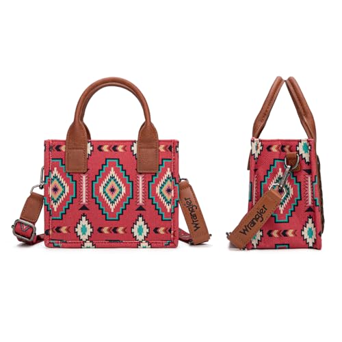 Wrangler Mini Aztec Tote Bag for Women Boho Small Top Handle Purse with Adjustable Strap - color: Boho Burgundy Red