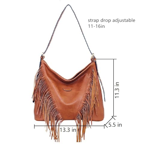 PU Leather Fringe Hobo Bag Large Studded Handbag Crossbody Bag for Women - color: D-brown