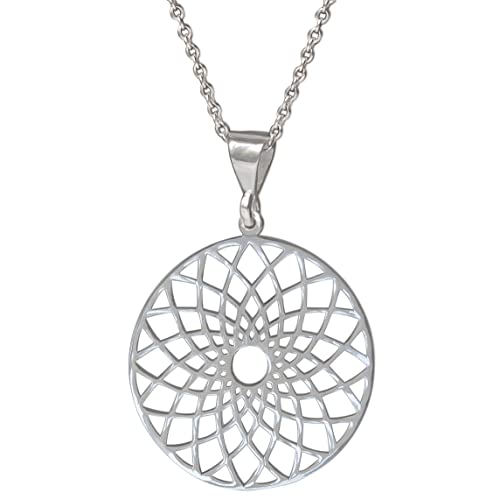 Mandala Necklace Sterling Silver 925 - Sacred Geometry Circle Pendant with 19.7" Chain - Spiritual Esoteric Amulet - Boho Hippie Yoga Jewelry for Women Girls - Handmade - style: Lotus