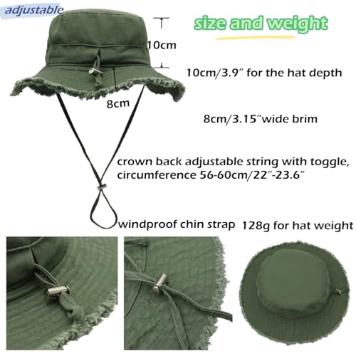 LLmoway Womens UPF50+ Cotton Wide Brim Sun Hat with Strap Ladies Summer Floppy Hats Packable Women Washed Fringes Bucket Hat - color: Olive Green