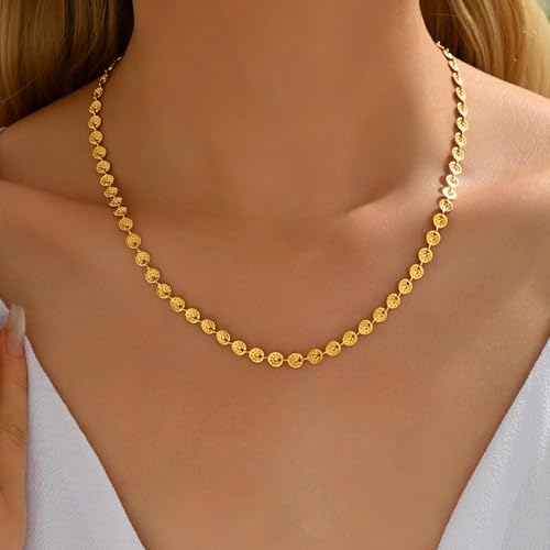 18K Gold Plated Choker Necklace for Women, Dainty Heart, Star, Moon, Cross, Daisy, Shell, Coin, Coffee Bean Link Chain Necklaces, Boho Summer Beach Jewelry - style: Textured Coin Necklace-Gold