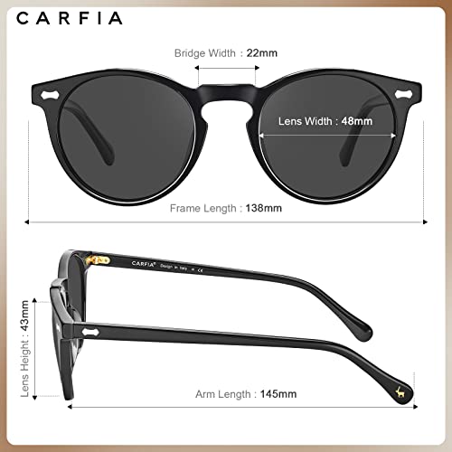CARFIA Polarized Sunglasses for Women: Acetate Frame, Small/Medium Size, UV400 Protection - Anti Glare CA5288 - color: 3. Black Frame Grey Lens