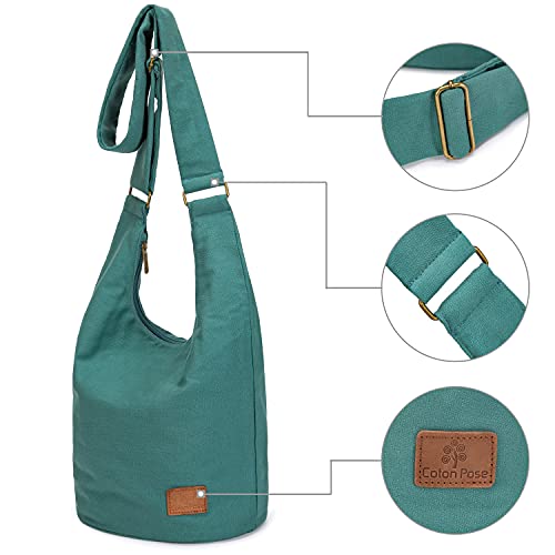 Coton Pose Women Hippie Crossbody Bag - Top Zip Large Capacity Canvas Sling Bag - Jacquard Cloth Handmade - color: Light Green