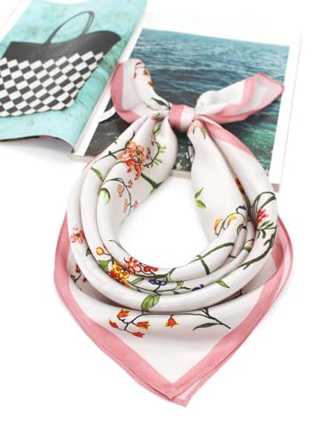 ANDANTINO 100% Mulberry Silk Square Scarf for Hair-25.6" X25.6'' Women Men Natural Silk Neckerchief Digital Printed Headscarf - color: Flowers-pink&white