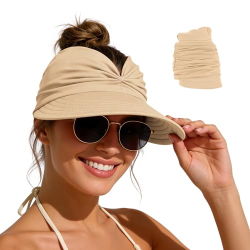 Zando Sun Visor Hats for Women - Beach Wide Brim Fashion Hat UV Protection Quick Dry Packable Summer Cap for Casual Sports - color: Beige