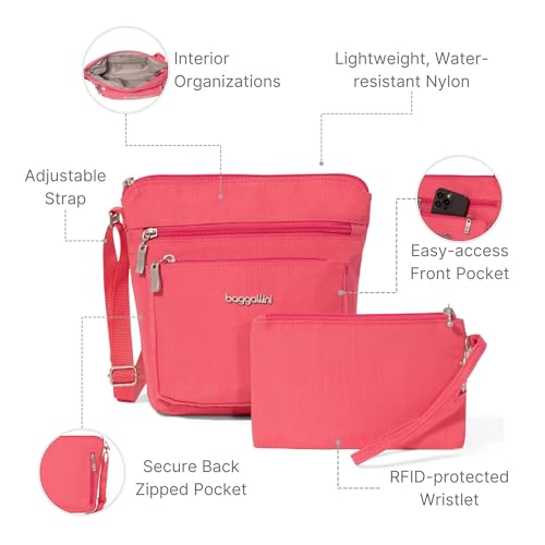 Baggallini Pocket Crossbody Bags for Women 8x8 Small Lightweight Durable Water-resistant Travel Purse W/Rfid - color: Flamingo