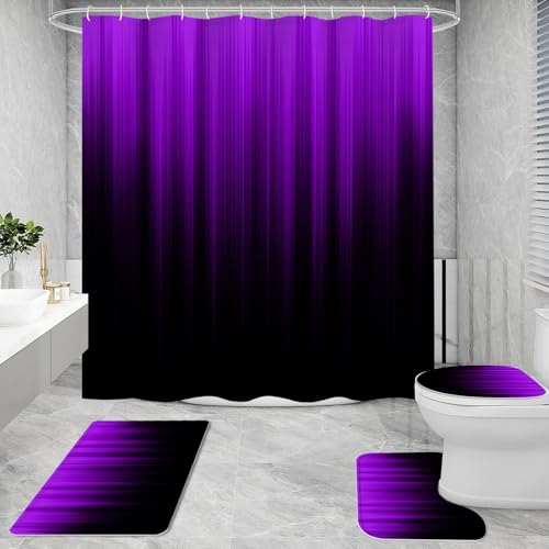 Litabel 4 Pcs Purple and Black Gradient Shower Curtain Set with Rugs and Toilet Lid Cover, Modern Simple Waterproof Fabric Bathroom Set, Ombre Stripe Gothic Abstract Bathroom Decor Set Accessories - color: Purple