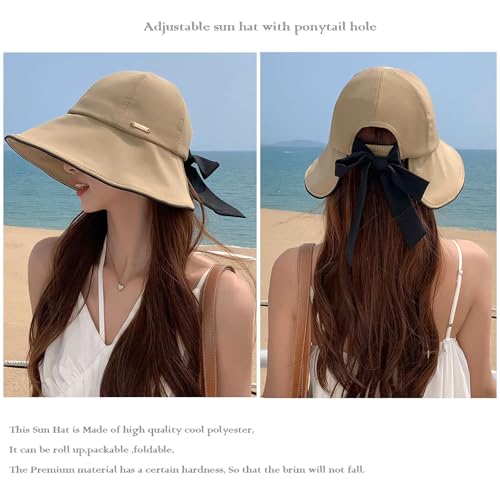 Wide Brim Hats for Woman Foldable Hats Sun Hats for Women uv Protection Bowknot Bucket hat Adjustable hat with Ponytail Hole - color: Khaki