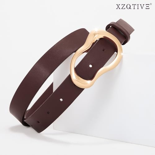 XZQTIVE Leather Belts for Women Casual Fashion Waist Belt for Jeans Pants Dresses with Unique Liquid Shapes Gold Buckle - color: Coffee, size: Fit Waist 36-43in