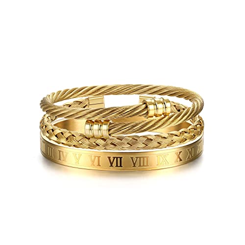 YADOCA 3 Pcs Stainless Steel Bracelets for Men Gold Silver Black Men Bracelet Adjustable Cuff Roman Numeral Bangle Bracelets Mens Luxury Bracelet Set Jewelry Gifts Trendy Gold Accessories - color: A:Gold-1