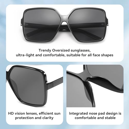 Dollger Oversized Square Sunglasses for Women Big Large Wide Fashion Shades for Men UV Protection Unisex - color: A: Black Frame Black Lens