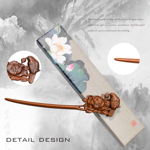 Traditional Chinese Japanese hair sticks, retro wooden hair pins, used for long hair accessories buns, Hanfu Dressing Accessories（Spring’s Melody:Peony Perch） - color: Spring’s Melody:Peony Perch