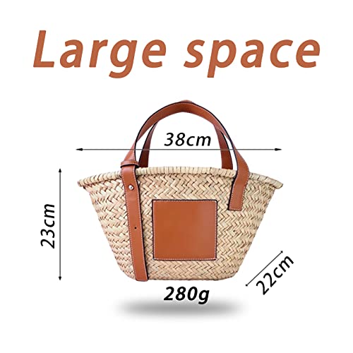 Straw Basket Tote Bag for Women PU Leather Strap Hollow Woven Top Handle Straw Purses and Handbags - color: Brown-14in-medium
