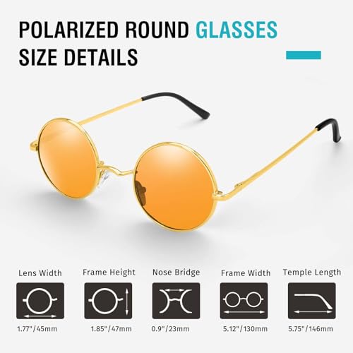 Morcheiong Polarized Hippie Sunglasses Retro Round Glasses for Women Men Vintage Circle Sunglasses UV400 - color: Gold Frame Orange Film