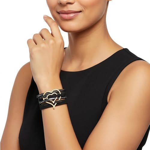 Edoneery Leather Wrap Bracelet for Women, Boho Handmade Multi-Layer Cuff with Crystal Beads Heart, Stackable Bangle Western Jewelry Gift - style: Heart(Black)