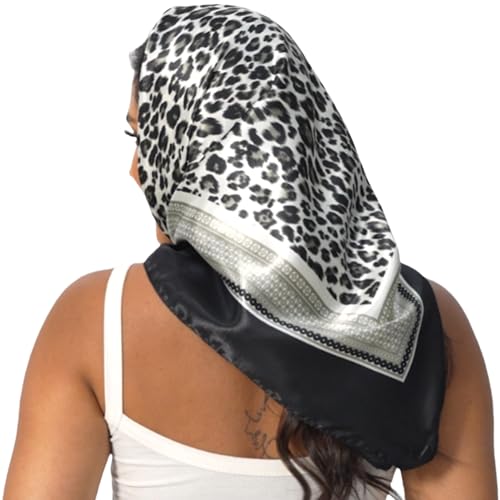 Leopard Print Head Scarf for Women Like Silk Satin Scarf for Hair Wrapping at Night Bandana Square Scarf 35 Inches - color: Black Gray Leopard