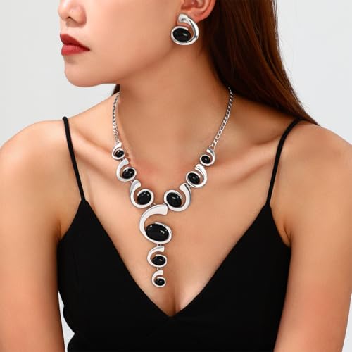 Gold Jewelry Set, Silver Black Boho Western Chunky Vintage Pendant Necklace Stack Trendy Adjustable Non Tarnish Cowgirl Dainty Hypoallergenic Earrings Jewelry Sets For Women - color: Silver set
